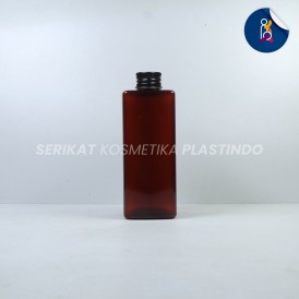 BOTOL HOLI KOTAK 250ML AMBER PET TUTUP ULIR ALUMUNIUM HITAM N24